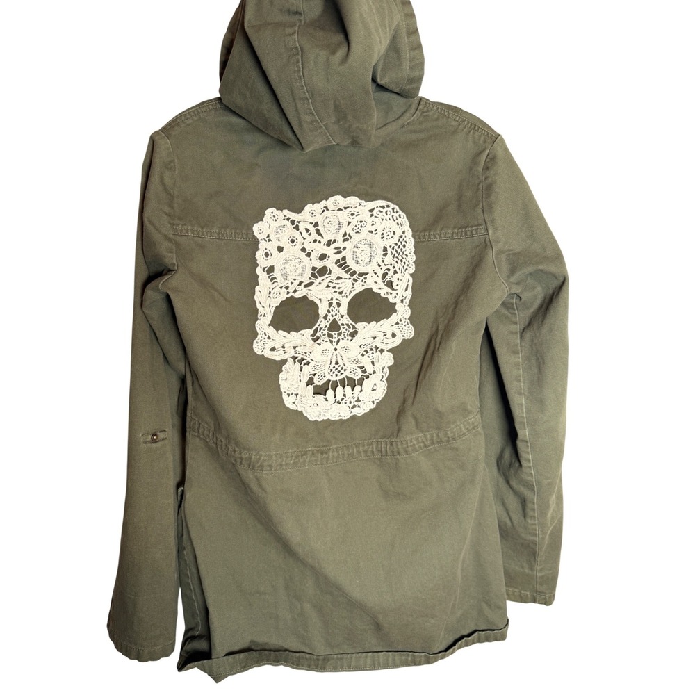Hot Topic Lace Skull Utility Jacket Womens Medium Olive Green Cotton Hooded Goth